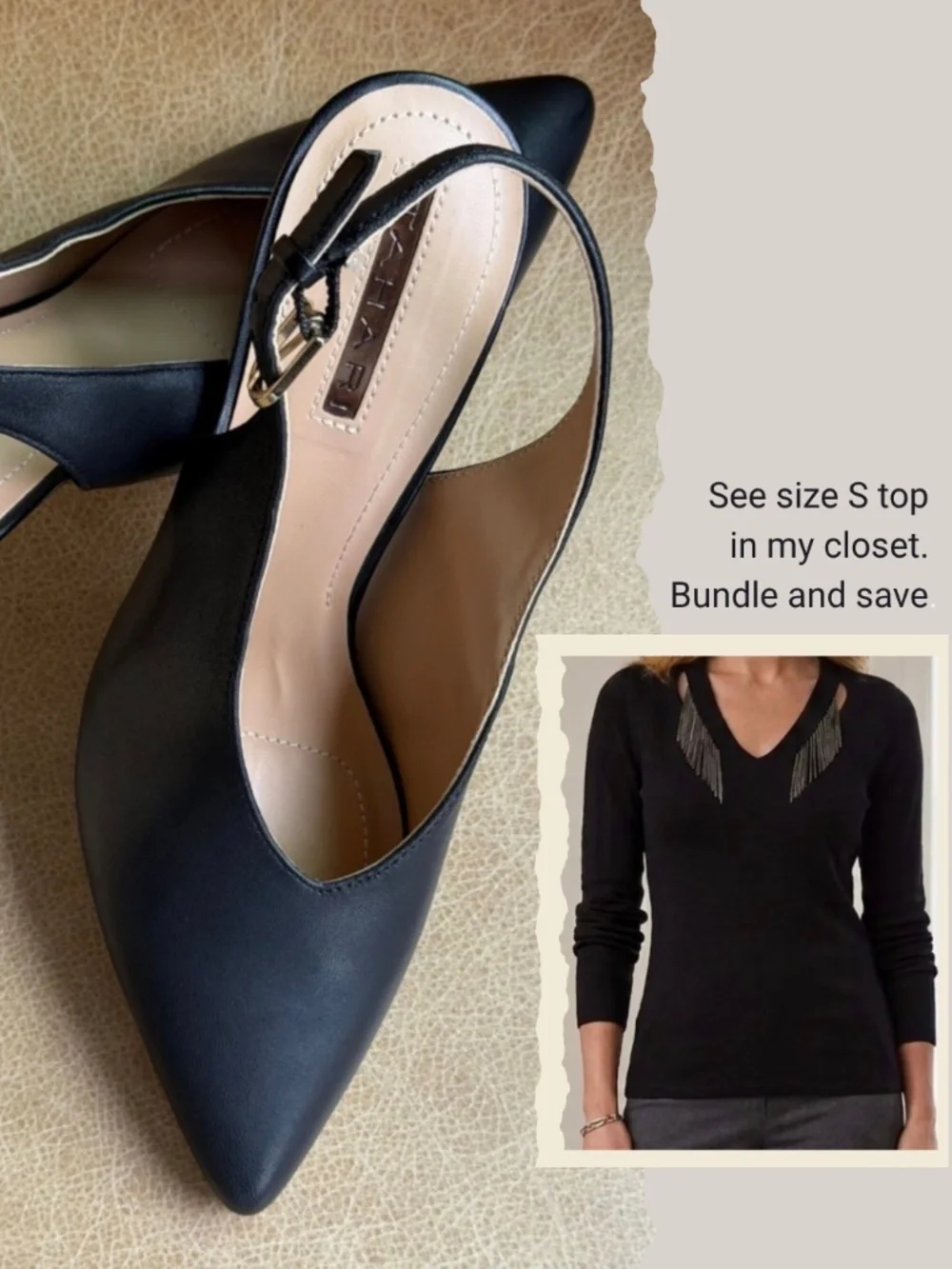 Tahari Black Leather Pointed Slingback Heels - Size 7M